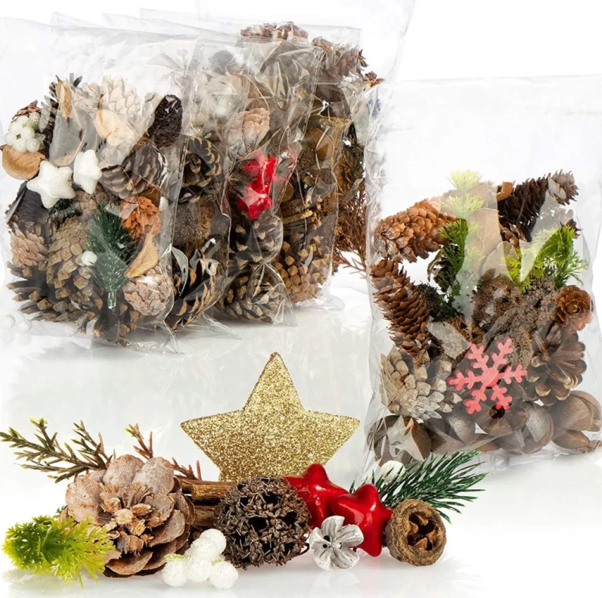 Selwo Kerststukjes>6 X Kerstdecoratie In Zak Met Kegels, Sterren En Takken, Strooidecoratie, Kerstdecoratie, Tafeldecoratie, Adventskrans, Knutselaccessoires (6 X Zak: Dennenappels, Sterren, Vlokken)