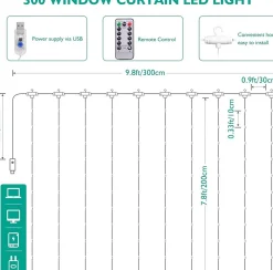 BOTC Led Lichtgordijn Sfeerverlichting - Inclusief Afstandsbediening - Led Kerstverlichting Lichtgordijn - 3 Meter - 300 Lichten - Warm Wit Best Sale