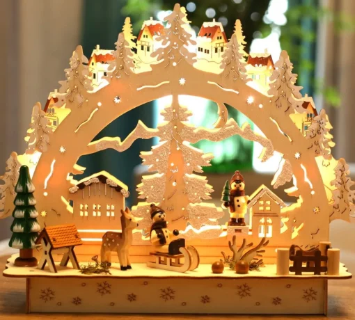 Brubaker Kerststallen> 3D Led Lichtboog Lichtboog - Winterlandschap Met Dorp - Led-Verlichting - Hout Natuur - 27,5 X 24,5 X 8,7 Cm - Handbeschilderd