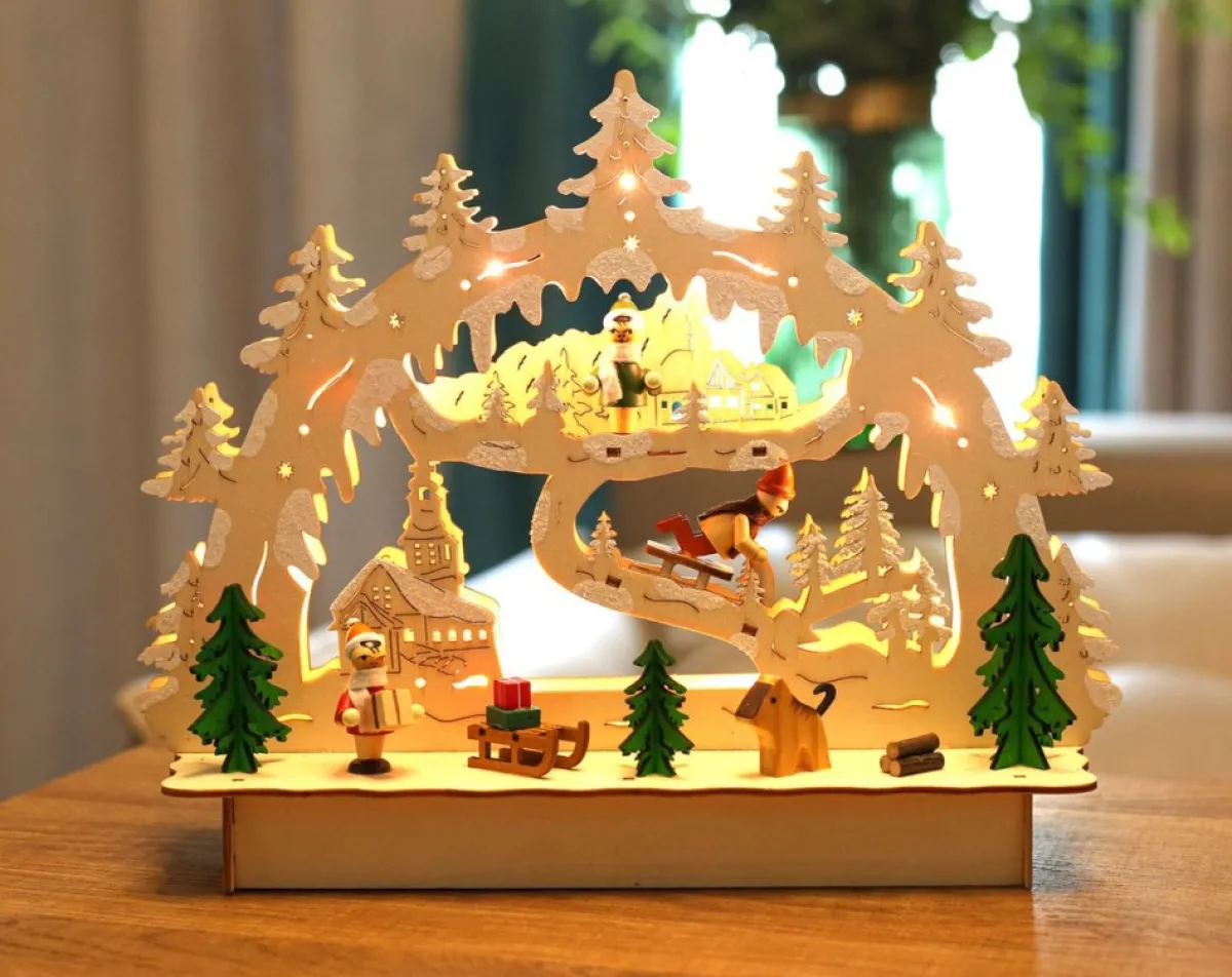 Brubaker Kerststallen> 3D Led Lichtboog Lichtboog - Winterlandschap Met Kerk - Led-Verlichting - Hout Natuur - 27 X 24 X 8,7 Cm - Handbeschilderd