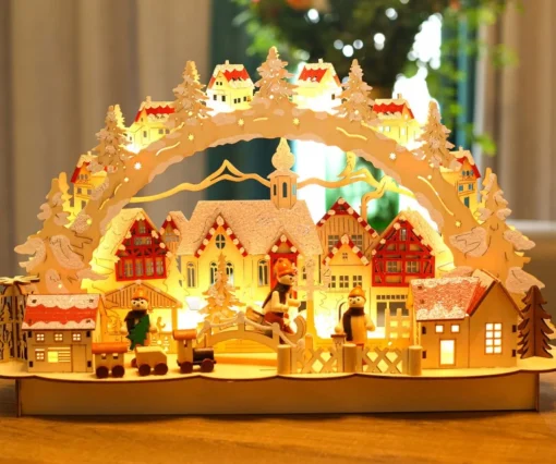 Brubaker Kerststallen> 3D Led-Lichtboog, Lichtboog, Winterlandschap Met Oude Stad, Led-Verlichting, Natuurlijk Hout, 43,5 X 27 X 10,1 Cm, Handgeschilderd