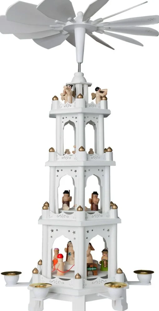Brubaker Kerststallen> Kerstpiramide Houten Piramide - Wit - 4 Niveaus - 60 Cm Hoogte - Handbeschilderde Figuren
