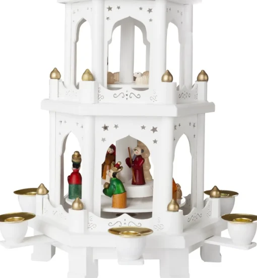 Brubaker Kerststallen> Kerstpiramide Houten Piramide - Wit - 3 Niveaus - 45 Cm Hoogte - Handbeschilderde Figuren