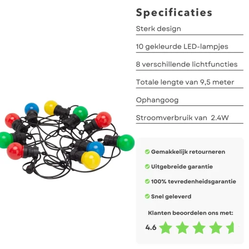 Cheqo ® Feestverlichting - Lichtsnoer - Tentverlichting - Fairy Lights - 10L, 3V/20Ma - 8 Lichtfuncties - 50Cm Afstand - 9.50M Snoer - Ip44 Beschermwaarde - 2.4W Power Consumption - Ophangoog - Binnen & Buiten Shop