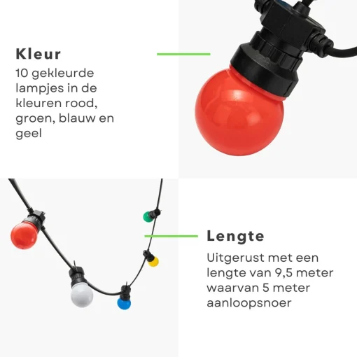 Cheqo ® Feestverlichting - Lichtsnoer - Tentverlichting - Fairy Lights - 10L, 3V/20Ma - 8 Lichtfuncties - 50Cm Afstand - 9.50M Snoer - Ip44 Beschermwaarde - 2.4W Power Consumption - Ophangoog - Binnen & Buiten Shop