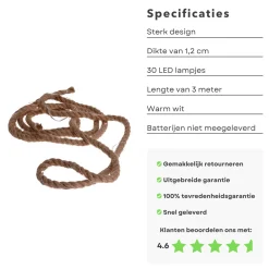 Cheqo ® Lichtslang Van Jute - Jute Touw - Touw Met Led - Lichtsnoer Touw - Touwverlichting - Kerstverlichting - 3 Meter - Op Batterijen New