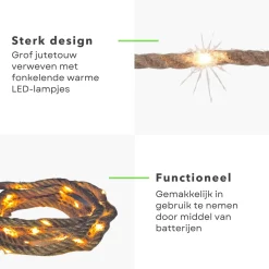 Cheqo ® Lichtslang Van Jute - Jute Touw - Touw Met Led - Lichtsnoer Touw - Touwverlichting - Kerstverlichting - 1.50 Meter - Op Batterijen Online