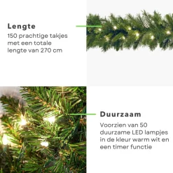 Cheqo Guirlandes></noscript>® Xl Guirlande Met Kerstverlichting - Kerstlampjes - Kerstslinger - Warm Wit - 270Cm - 150 Takjes - 50 Led - Met Timer Functie