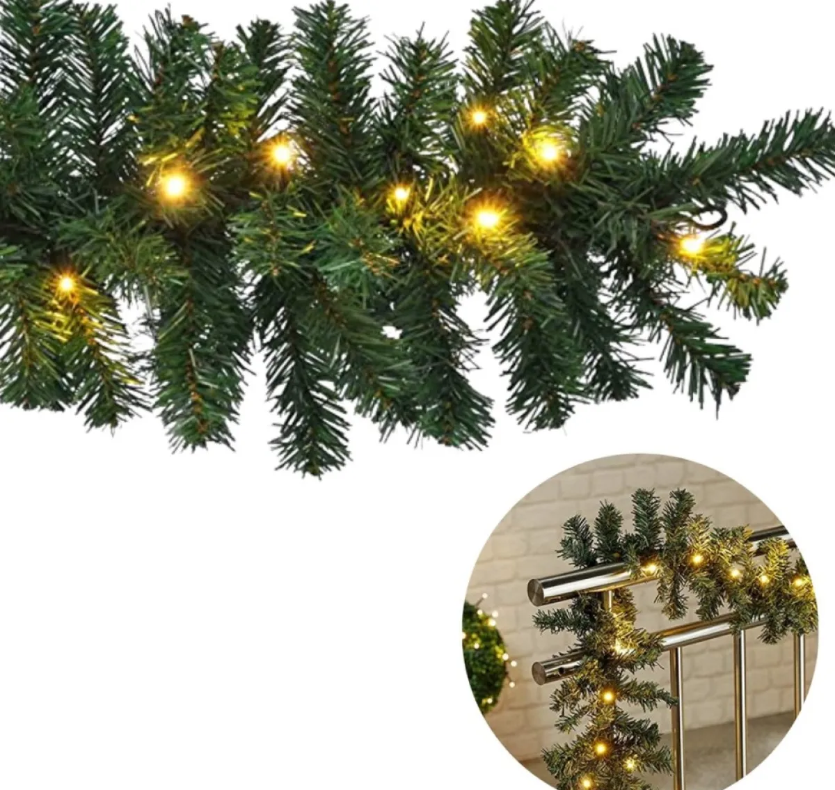 Cheqo Guirlandes>® Xl Guirlande Met Kerstverlichting - Kerstlampjes - Kerstslinger - Warm Wit - 270Cm - 150 Takjes - 35 Led - Met Timer Functie