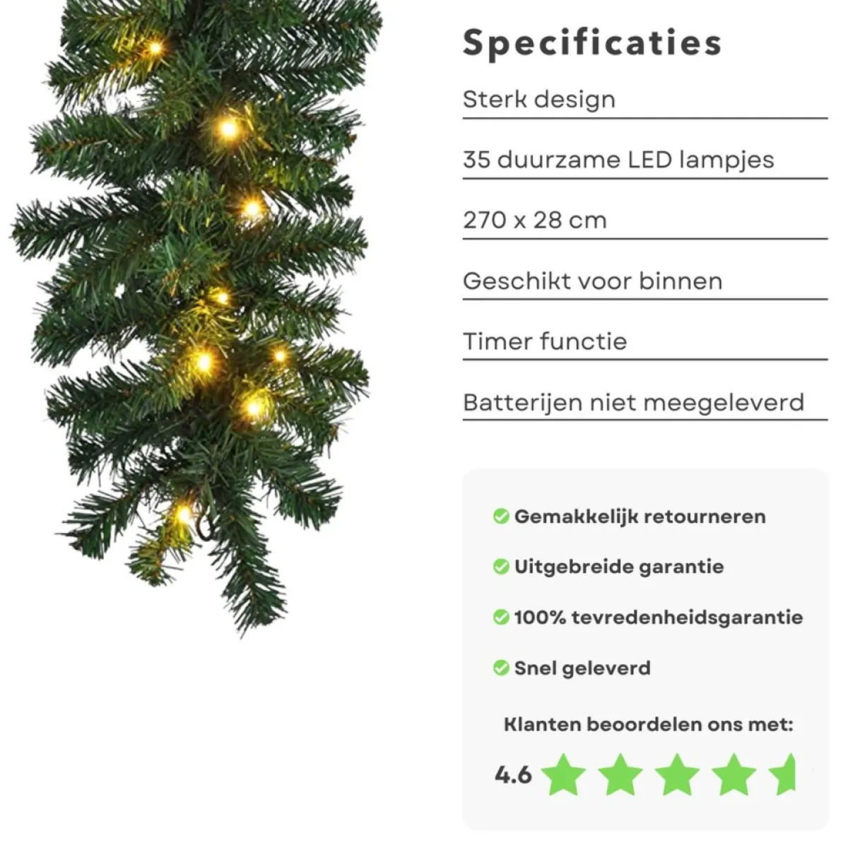 Cheqo Guirlandes>® Xl Guirlande Met Kerstverlichting - Kerstlampjes - Kerstslinger - Warm Wit - 270Cm - 150 Takjes - 35 Led - Met Timer Functie