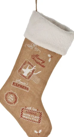 Merkloos Kerstsokken>Christmas Decoration Kerstsok - Witte Rand - H52 Cm - Jute/Polyester