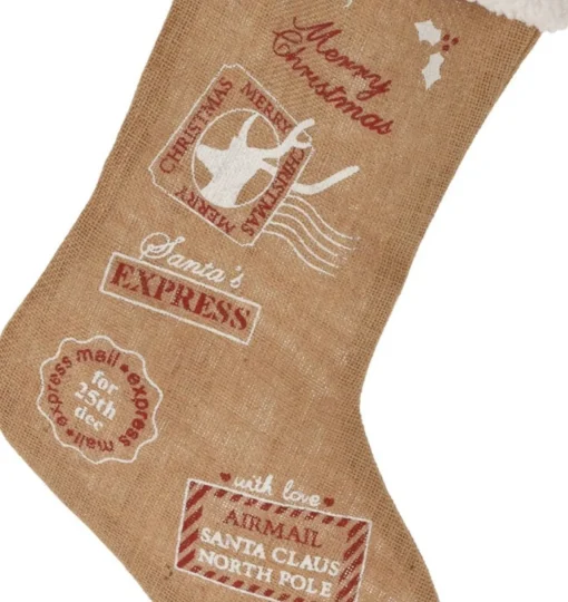 Merkloos Kerstsokken>Christmas Decoration Kerstsok - Witte Rand - H52 Cm - Jute/Polyester