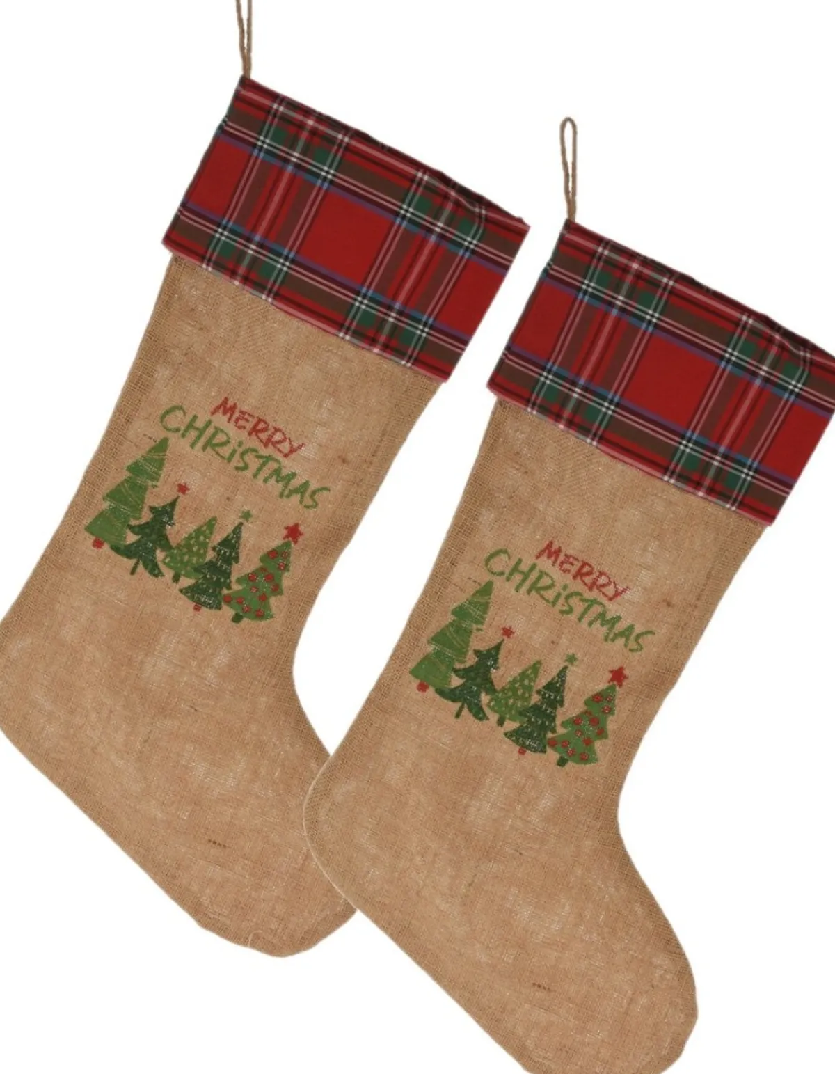 Merkloos Kerstsokken>Christmas Decoration Kerstsokken- 2X St - Geruite Rand - H52 Cm - Jute/Polyester
