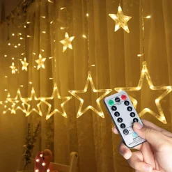 YUCEN Christmasxl Kerstverlichting | Sterrengordijn | Kerst | Kerststerren | Feest Licht Gordijn | Warm Wit Licht | 2,5 M Energie Zuinig | 12 Sterren - Met Afstandsbedieniing Hot