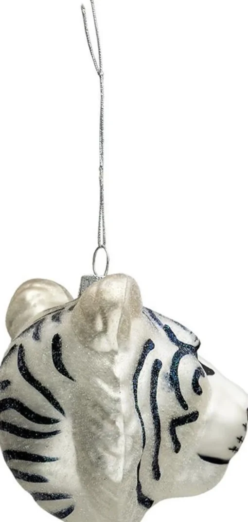 Clayre u0026 Eef Kersthanger>Clayre & Eef Kersthanger Tijger 10X9X10 Cm Zilverkleurig Glas Kerstbal