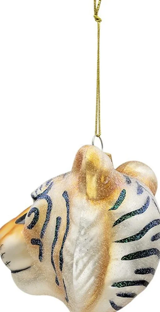 Clayre u0026 Eef Kersthanger>Clayre & Eef Kersthanger Tijger 10X9X10 Cm Goudkleurig Glas Kerstbal