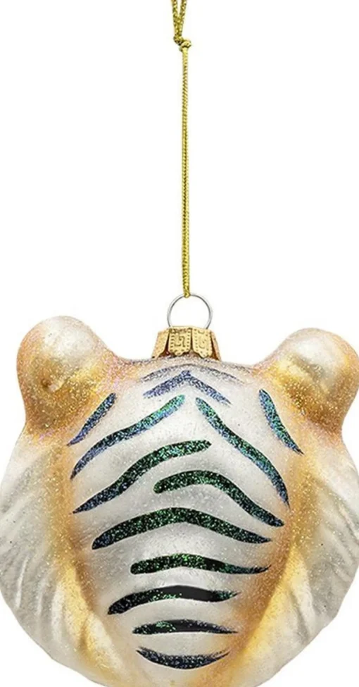 Clayre u0026 Eef Kersthanger>Clayre & Eef Kersthanger Tijger 10X9X10 Cm Goudkleurig Glas Kerstbal