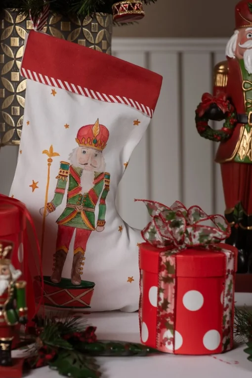 Clayre u0026 Eef Kerstsokken>Clayre & Eef Kerstsok Kerstsok 30X40 Cm Wit Rood Katoen Notenkraker