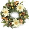 Merkloos Kerststukjes>40Cm Kunstmatige Kerstdeurkrans, Kerstslinger Met Kerstballen, Kerstbloemen, Bessen En Dennenappels Voor Voordeur, Open Haard En Wanddecoratie - Goudkleurig