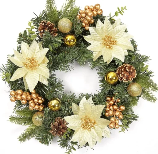 Merkloos Kerststukjes>40Cm Kunstmatige Kerstdeurkrans, Kerstslinger Met Kerstballen, Kerstbloemen, Bessen En Dennenappels Voor Voordeur, Open Haard En Wanddecoratie - Goudkleurig