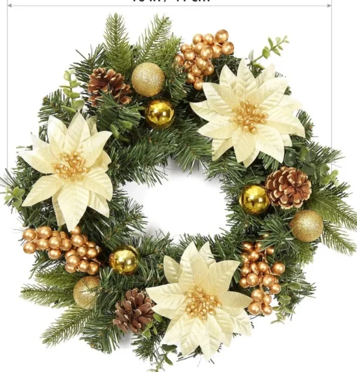 Merkloos Kerststukjes>40Cm Kunstmatige Kerstdeurkrans, Kerstslinger Met Kerstballen, Kerstbloemen, Bessen En Dennenappels Voor Voordeur, Open Haard En Wanddecoratie - Goudkleurig