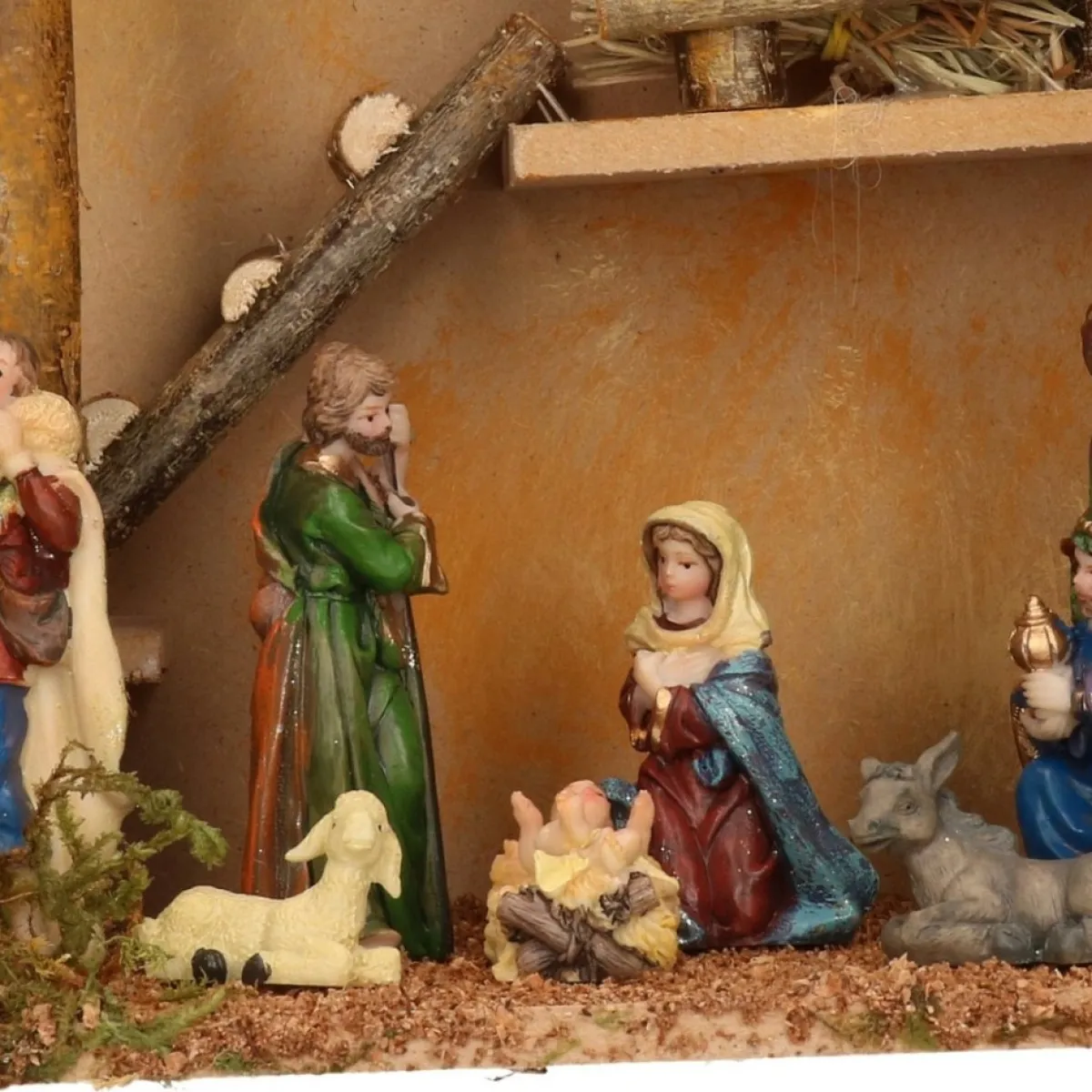 Merkloos Kerststallen>Complete Kerststal Met Kerststal Beelden - 39 X 19 X 28 Cm - Hout/Mos/Polyresin
