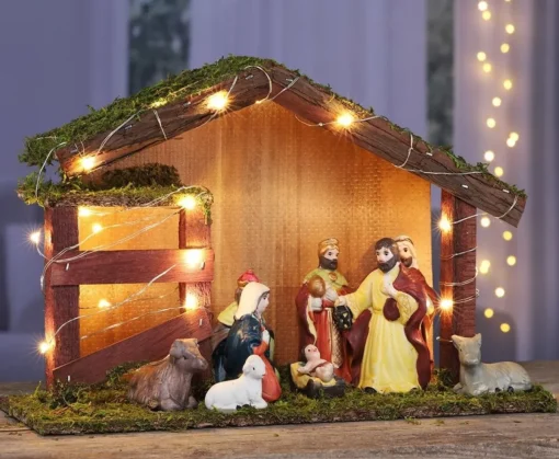 Merkloos Kerststallen>Complete Verlichte Kerststal Inclusief 9 Beelden En Ondergrond - Kerststalletjes