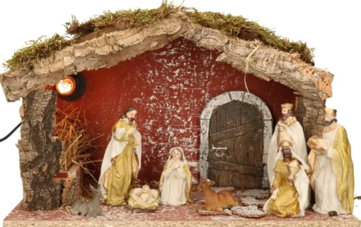 Merkloos Kerststallen>Complete Verlichte Kerststal Met 8X St Kerststal Beelden - 39 X 20 X 24 Cm