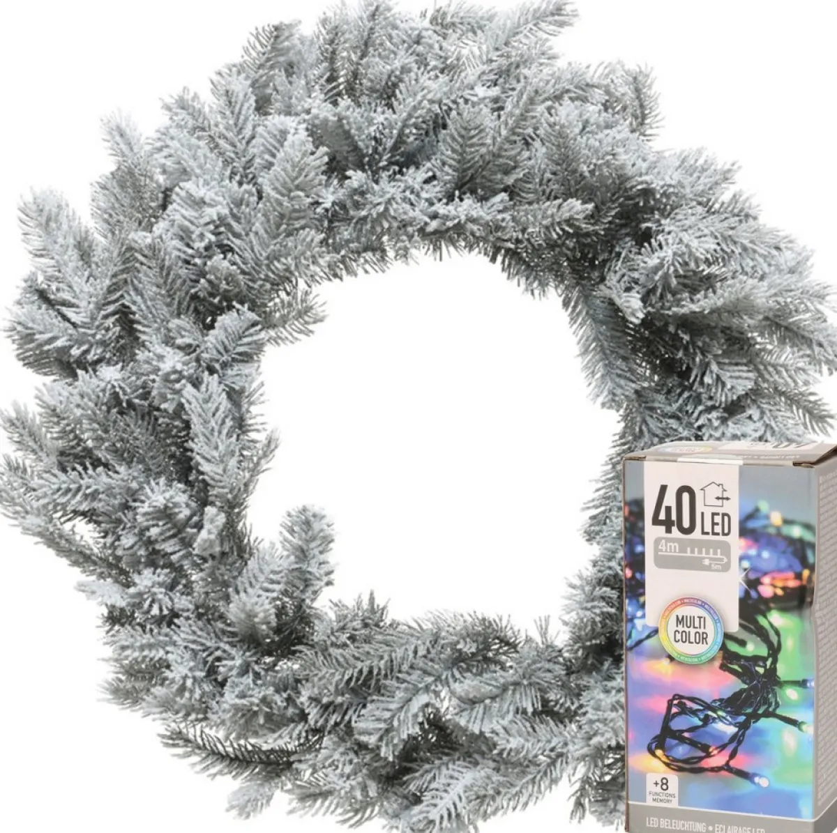 Decoris Kerstkransen> Kerstkrans - Groen Met Sneeuw - D50 Cm - Incl. Verlichting Gekleurd