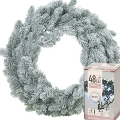 Merkloos Kerstkransen>Decoris Kerstkrans - Groen Met Sneeuw - D36 Cm - Incl. Verlichting Helder Wit