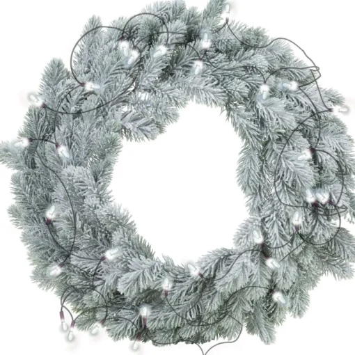 Merkloos Kerstkransen>Decoris Kerstkrans - Groen Met Sneeuw - D36 Cm - Incl. Verlichting Helder Wit