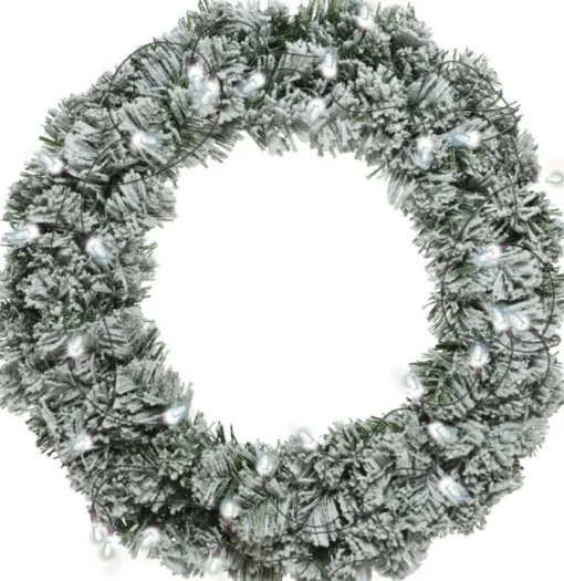 Decoris Kerstkransen> Kerstkrans - Groen Met Sneeuw - D35 Cm - Incl. Verlichting Helder Wit