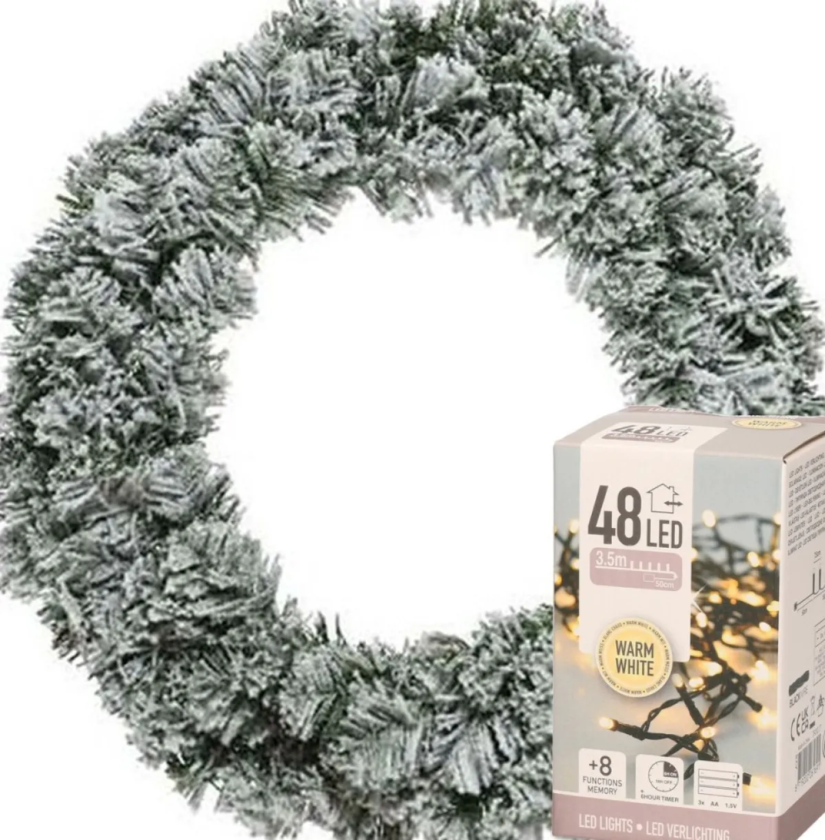 Decoris Kerstkransen> Kerstkrans - Groen Met Sneeuw - D40 Cm - Incl. Verlichting Warm Wit
