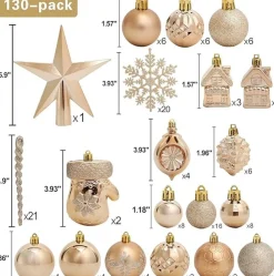 ‘Merkloos’’ Kerstboomversieringen></noscript>130-Delige Kerstboomdecoratieset, Champagne Kerstballen Ornamenten Onbreekbare Kerstboomversieringen Voor Kerst Bruiloftsfeest