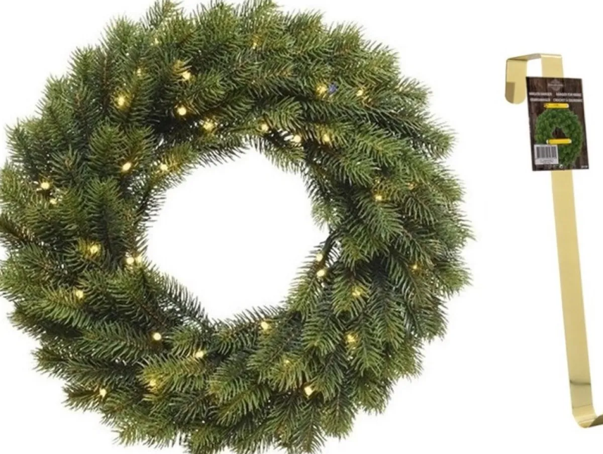 Merkloos Kerstkransen>Dennenkrans 40 Cm Met Verlichting En Met Gouden Hanger - Kerstversiering/Kerstdecoratie Kransen