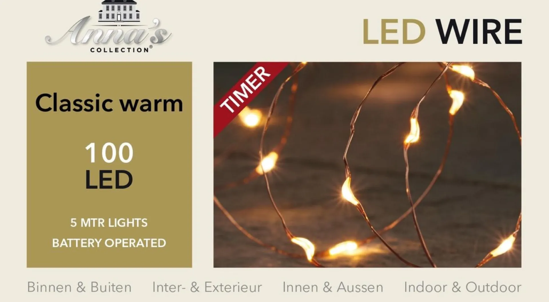 Anna's Collection Draadverlichting Koper Met Timer 100 Klassiek Warm Witte Leds Op Batterijen - Lichtdraad Koperdraad Met 100 Leds Outlet