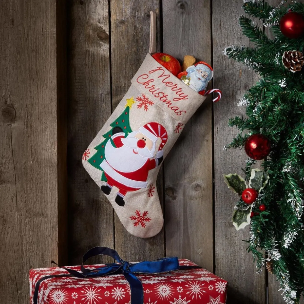 Tectake Kerstsokken>Dressforfun - Sint-Niklaaslaarzen In Jutelook Met Kerstmanmotief - Verkleedkleding Kostuum Halloween Verkleden Feestkleding Carnavalskleding Carnaval Feestkledij Partykleding - 303316