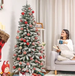 Edelspar Kunstkerstboom 180Cm Met Verlichting Smal - Kunstboom Smal Met Led Lichtjes En Sneeuw - Kerstboom Met Witte Sneeuw - Kunstboom - Brandwerend - Kunstboom - Kerstversiering - Kerstboomverlichting - Kerstboomstandaard Online