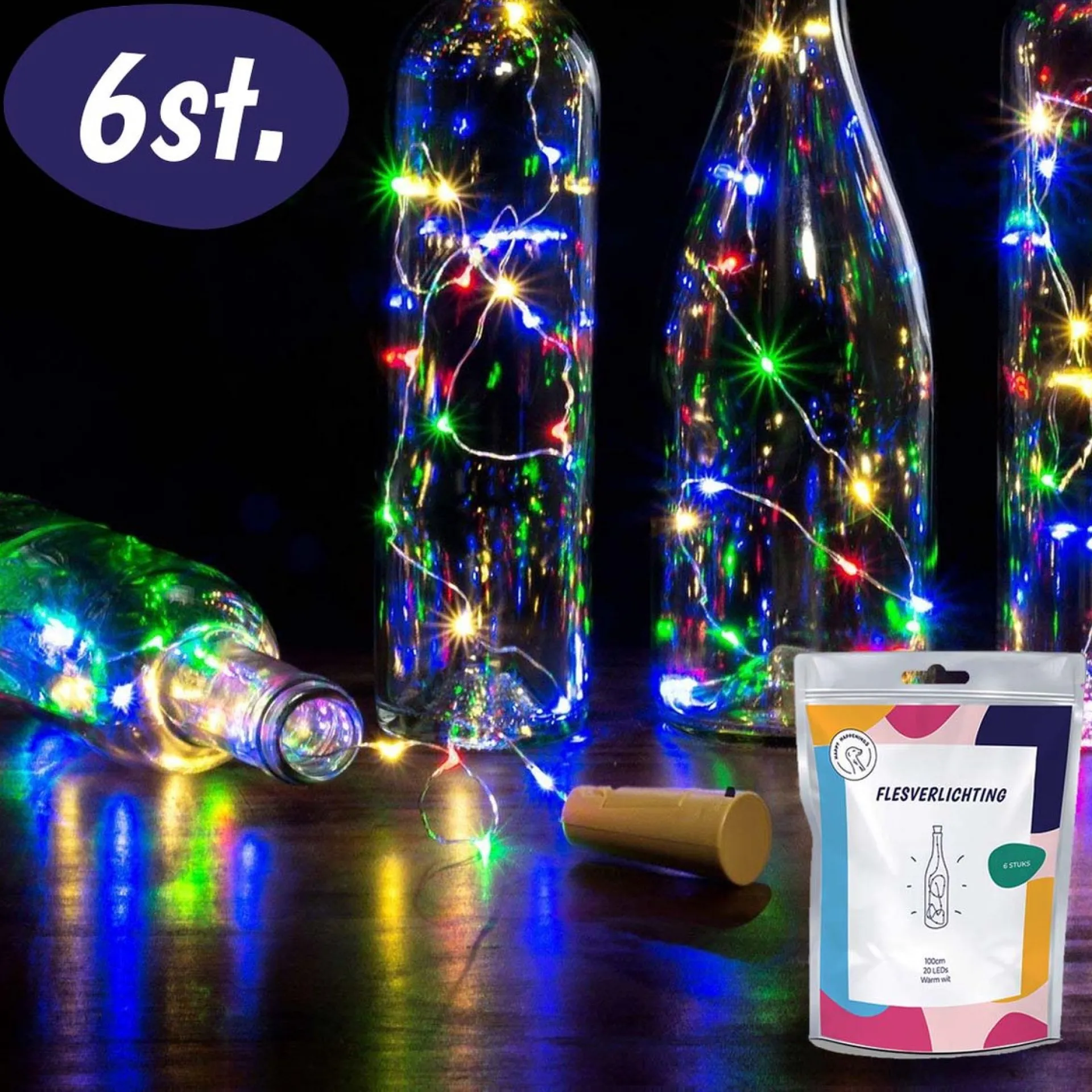 Merkloos Fairy Lights - Flesverlichting Kerst - Kerstverlichting - Flesverlichting Met Kurk - Led Verlichting - Moederdag Cadeau - Kerst - Kamer Decoratie Tieners - Partyverlichting - Bottle Light - Lichtsnoer - Multicolor - 6 Stuks - Incl. Batterijen Hot