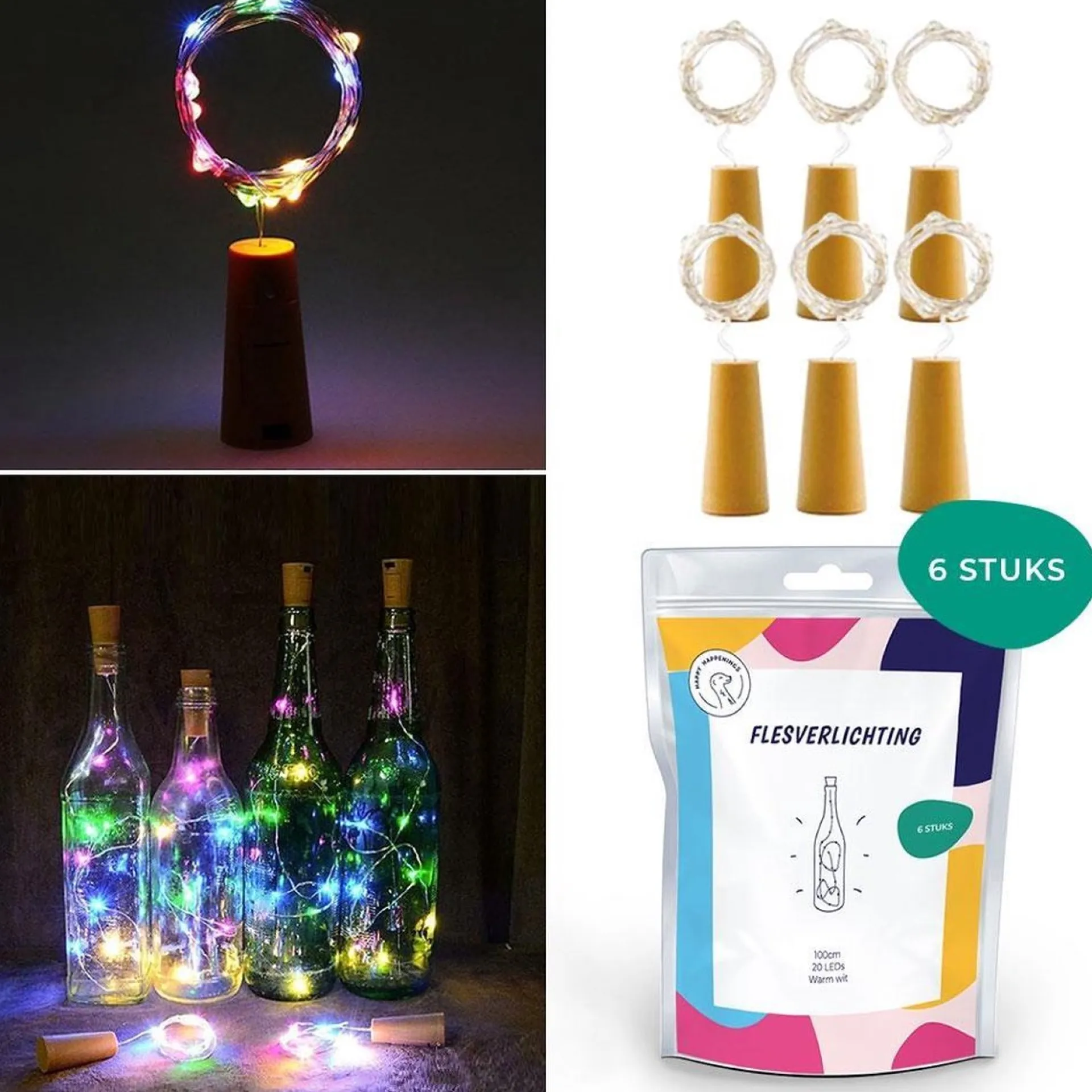 Merkloos Fairy Lights - Flesverlichting Kerst - Kerstverlichting - Flesverlichting Met Kurk - Led Verlichting - Moederdag Cadeau - Kerst - Kamer Decoratie Tieners - Partyverlichting - Bottle Light - Lichtsnoer - Multicolor - 6 Stuks - Incl. Batterijen Hot