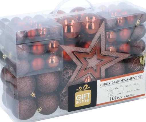 Giftsome Kerstboomversieringen> Kerstballen Set - Plastic Kerstballen - Incl. Piek - O 3/4/6 Cm - Kerstversiering Kerstboom - 101 Stuks: Mat, Glanzend, Glitter En Open - Bruin/ Koper
