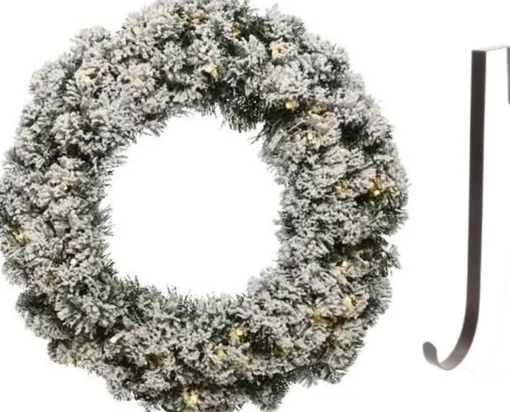 Decoris Kerstkransen>Groen/Witte Led Kerstkrans 50 Cm Imperial Kunstsneeuw Met Ijzeren Hanger - Kerst Decoratie Kransen Van Dennentakken