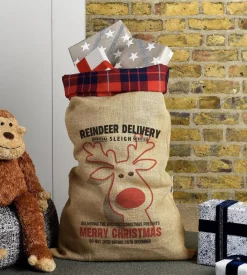 Harrow and Green Kerstsokken> - Exclusieve Kerstzak Rudolph Met Tartan Band - Uniek - Tartan From Scotland