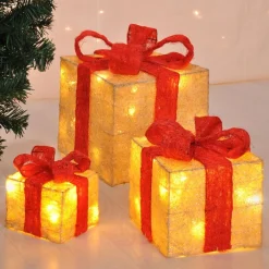 Haushalt International Hhi Led Geschenkdoos - 3 Delig - 3 Maten - Goud/Geelkleurig Met Rode Strik Shop