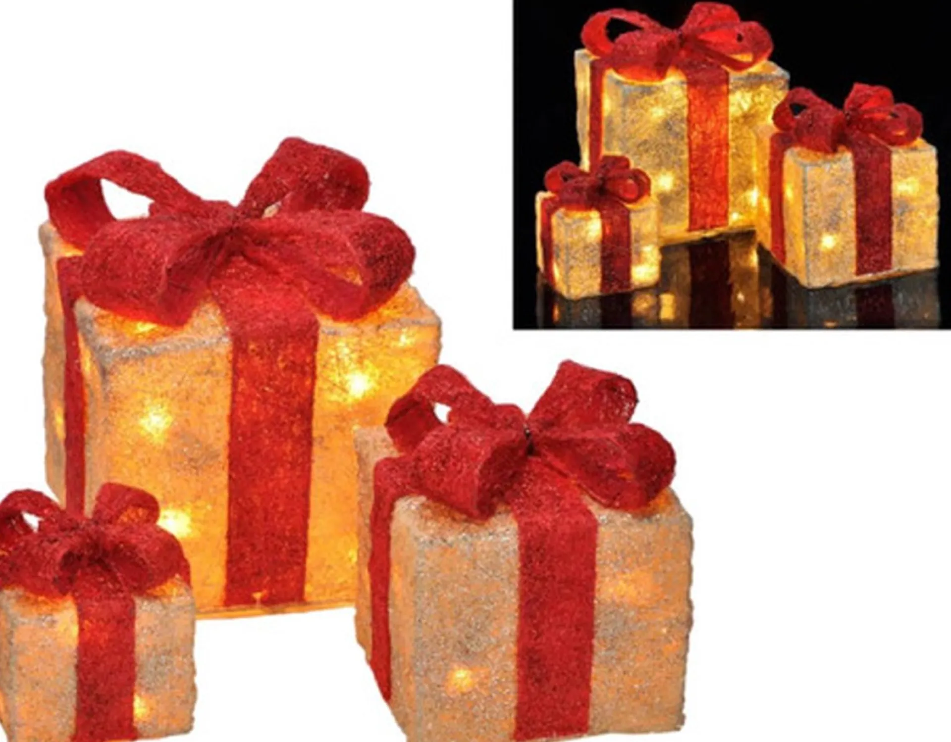 Haushalt International Hhi Led Geschenkdoos - 3 Delig - 3 Maten - Goud/Geelkleurig Met Rode Strik Shop