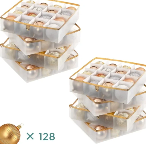 Songmics Hoppa! Kerstbaldozen Kerstversiering 128 Vakken Verstelbare Verdelers 67 X 34 X 34Cm Semi-Transparant Goud Best