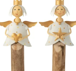 J-Line Kerststallen> Engel Ster Hart Op Voet Ijzer/Hout Wit/Goud Assortiment Van 2