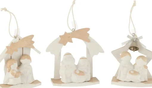 J-Line Kerststallen> Hanger Kerststal Hout/Poly Wit/Beige Assortiment Van 3