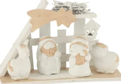 J-Line Kerststallen> Kerststal Hout/Poly Wit/Beige Small