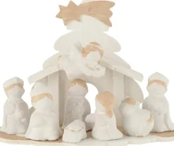 J-Line Kerststallen> Kerststal Hout/Poly Wit/Beige Medium